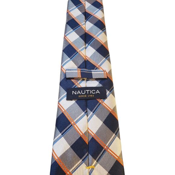 NAUTICA Plaid Checkered Navy White Orange Neck Tie Multicolor Plaids & Checks - Picture 5 of 12